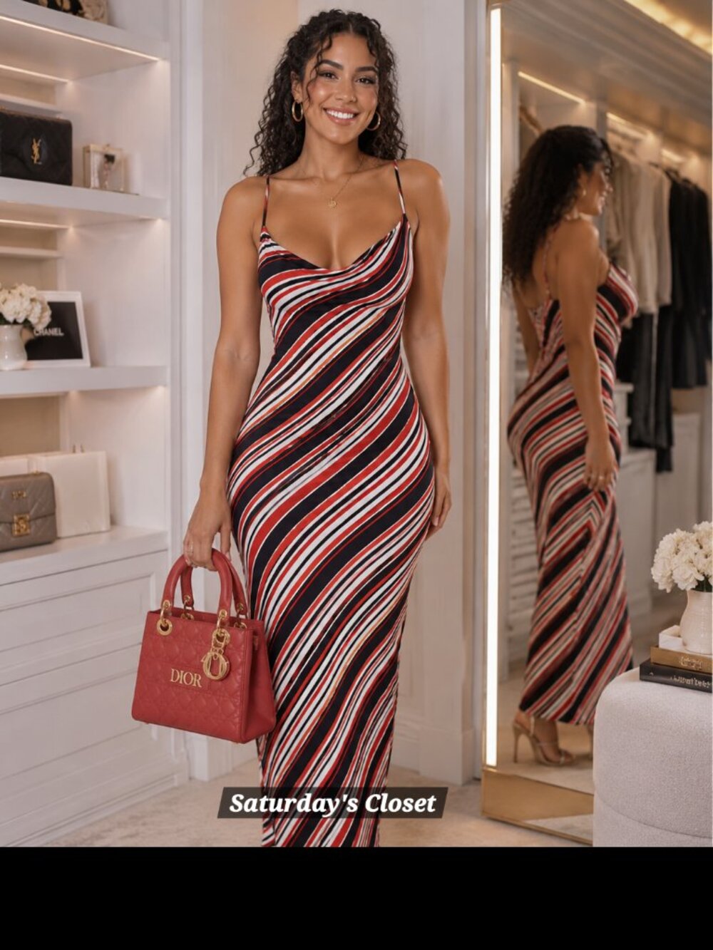 **FAITH,LOVE & PASSION-Red/White/Black Diagonal Striped, Cowl Neck Dress. Size L